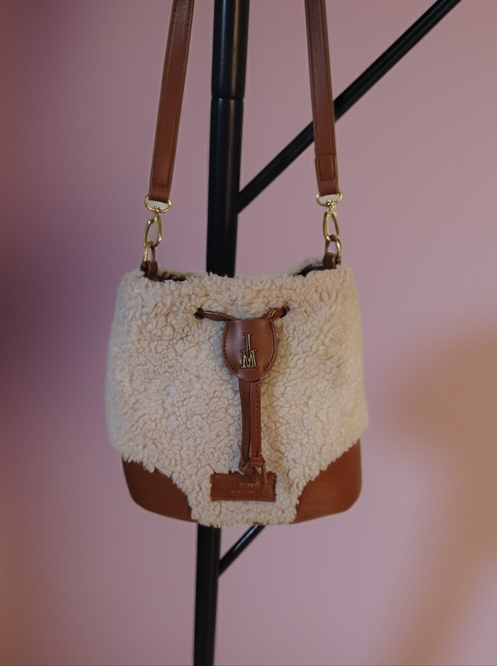 Isaac Mizrahi Cream Sherpa Bucket Bag with Brown Trim